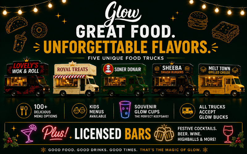 Glow food festival main information graphic. Features five food trucks: Wok & Roll, Lovely's, Royal Treats, Soner Donair, Smash Burgers, Sheeba, Melt Town Grilled Cheese. Over 100 menu options available. Highlights include glow cups, glow bucks souvenirs, licensed bar serving beer, wine, festive cocktails and highballs. Kids activities and all trucks accept glow bucks. Tagline: "Good food. Good drinks. Good times. That's the magic of Glow."
