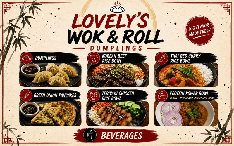 Lovely's / Wok & Roll food truck menu. Dumplings, green onion pancakes, teriyaki chicken rice bowl, Korean beef rice bowl, Thai red curry rice bowl, protein power bowl, and vegan option: red beans with curry rice bowl. Tagline: "Big flavor made fresh."
