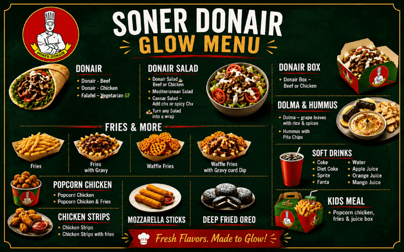 Soner Donair Glow Menu. Donair: beef or chicken. Donair Salad: beef or chicken. Donair Box: beef or chicken. Falafel: vegetarian and gluten free. Mediterranean Salad. Caesar Salad (add chicken or spicy chicken). Dolma and Hummus: Dolma grape leaves with rice and spices, Hummus with pita chips. Turn any salad into a wrap. Fries and More: Fries, Fries with Gravy, Waffle Fries, Waffle Fries with gravy and curd dip. Soft Drinks: Diet Coke, Coke, Sprite, Water, Apple Juice, Orange Juice, Fanta, Mango Juice. Popcorn Chicken, Popcorn Chicken and Fries. Kids Meal: Popcorn chicken, fries and juice box. Chicken Strips, Chicken Strips with fries. Mozzarella Sticks. Deep Fried Oreo. Tagline: Fresh Flavors. Made to Glow.
