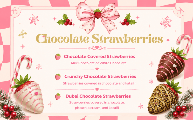 Chocolate strawberries menu. Chocolate Covered Strawberries available in milk chocolate or white chocolate. Crunchy Chocolate Strawberries: strawberries covered in chocolate and kataifi (shredded phyllo dough). Dubai Chocolate Strawberries: strawberries covered in chocolate, pistachio cream, and kataifi.